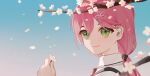  1girl branch cherry_blossoms cjsdh1000 commentary flower green_eyes hair_between_eyes hair_ornament hairclip highres holding holding_flower hololive long_hair looking_at_viewer petals pink_hair sakura_miko shirt smile solo upper_body virtual_youtuber white_flower white_shirt 