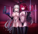  2girls amu_(takuya0331) baobhan_sith_(fate) blue_eyes blush breasts collarbone fate/grand_order fate_(series) grey_eyes grey_hair highres large_breasts long_hair looking_at_viewer lotion_bottle multiple_girls navel nipples pink_hair pointy_ears revealing_clothes sex_toy sidelocks thighhighs thighs tiara tray 