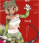  1girl 2024 absurdres animal_print arm_belt arm_up bare_shoulders belt bike_shorts bike_shorts_under_shorts brown_eyes chinese_water_dragon_(kemono_friends) choker closed_mouth cowboy_shot cutoffs detached_sleeves fingernails frilled_choker frilled_hairband frills green_belt green_hair green_shorts green_sleeves hairband highres kanmoku-san kemono_friends kemono_friends_3 lizard_tail long_tail looking_at_viewer medium_hair midriff multicolored_hair navel print_shorts print_sleeves scale_print sharp_fingernails short_shorts shorts shorts_under_shorts slit_pupils smile solo spaghetti_strap stomach tail torn_clothes white_hair 