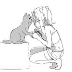  animal camisole cat closed_mouth greyscale hair_ribbon jitome monochrome nail_clippers original petting ribbon short_shorts shorts sketch sky_(freedom) sky_(sky-freedom) solo squatting thighhighs two_side_up 