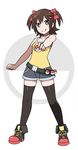  :q bangs belt black_legwear blue_eyes breasts brown_hair camisole closed_mouth full_body hair_between_eyes hair_ribbon highres legs_apart looking_at_viewer loose_belt original parody poke_ball poke_ball_(generic) poke_ball_hair_ornament pokemon pokemon_trainer red_ribbon ribbon shoes short_shorts shorts simple_background sky_(freedom) sky_(sky-freedom) small_breasts smile sneakers solo standing style_parody thighhighs tongue tongue_out twintails two_side_up white_background 