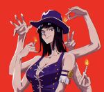 1girl alaylays armlet black_hair blunt_bangs candle crop_top cross-laced_clothes cross-laced_top english_commentary extra_arms hat highres holding holding_candle looking_to_the_side medium_hair nico_robin one_piece purple_shirt red_background shirt simple_background sleeveless sleeveless_shirt smile solo upper_body v 