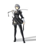  1girl 2b_(nier:automata) 2b_(nier:automata)_(cosplay) black_blindfold black_dress black_footwear black_hairband blindfold boots cleavage_cutout clothing_cutout cosplay dress gogo_jolno grey_hair hairband highres holding holding_blindfold holding_sword holding_weapon katana looking_afar nier:automata nier_(series) original puffy_sleeves shadow short_hair side_slit solo standing sword thigh_boots turtleneck weapon 