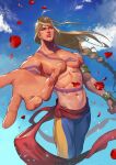  1boy absurdres arm_tattoo armlet belt blonde_hair blood blood_from_mouth blue_eyes blue_pants blue_sky braid chest_tattoo cowboy_shot dated falling_petals fumezu1 highres long_hair male_focus muscular muscular_male navel outstretched_hand pants parted_bangs parted_lips petals red_belt red_petals signature single_braid sky snake_tattoo solo street_fighter tattoo topless_male two-tone_pants vega_(street_fighter) yellow_pants 
