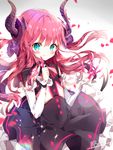  aqua_eyes artist_name b_rock bad_id bad_pixiv_id black_dress blurry blush depth_of_field detached_sleeves dragon_girl dragon_horns dress elizabeth_bathory_(fate) elizabeth_bathory_(fate)_(all) fang_out fate/extra fate/extra_ccc fate_(series) flat_chest floating_hair frilled_sleeves frills hair_ribbon hands_up horns long_hair looking_at_viewer petals purple_ribbon rainbow red_hair ribbon signature smile solo 