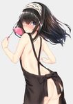  absurdres apron ass back black_hair blue_eyes chestnut_mouth go-1 grey_background hairband highres holding idolmaster idolmaster_cinderella_girls ladle long_hair looking_at_viewer looking_back naked_apron parted_lips sagisawa_fumika simple_background solo 