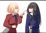  2girls arms_at_sides belt black_hair blonde_hair blue_belt blue_dress blue_ribbon bob_cut closed_eyes collared_shirt commentary_request cowboy_shot dress expressionless facing_another food food_in_mouth green_ribbon grey_dress hands_up highres holding holding_food holding_pocky inoue_takina kage_ochi long_hair long_sleeves looking_at_another lycoris_recoil lycoris_uniform multiple_girls neck_ribbon nishikigi_chisato open_mouth pleated_dress pocky pocky_in_mouth purple_eyes red_dress ribbon shirt short_hair simple_background smile standing two-tone_dress white_background white_shirt 