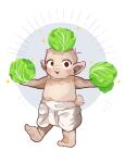  1boy :3 balancing_on_head barefoot bbf2eo9d0rfx9sa blush_stickers body_fur child dungeon_meshi excited food food_on_head full_body highres holding holding_food holding_vegetable loincloth looking_at_viewer male_focus object_on_head open_mouth orc outstretched_arms pointy_ears red_eyes soles solo spread_arms standing standing_on_one_leg tail topless_male vegetable white_background zon&#039;_son_(dungeon_meshi) 