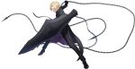  1boy absurdres black_pants black_suit blonde_hair blue_eyes chain coat counter:side fighting_stance full_body highres holding holding_chain holding_shield looking_at_viewer male_focus official_alternate_costume official_alternate_hairstyle official_art pants roy_burnett shield short_hair simple_background suit tachi-e transparent_background trench_coat 