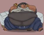 absurd_res anthro cellulite clothing dewlap_(anatomy) double_chin eating fat_forehead fat_rolls female furniture hi_res huge_belly morbidly_obese morbidly_obese_female obese obese_female overweight overweight_female purple_background rosie_(crustypelican3) simple_background sofa solo sweatpants torjen torn_clothing