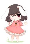  ;3 animal_ears arm_behind_back black_hair blush bunny_ears carrot_necklace chibi commentary_request dress full_body inaba_tewi knees_together_feet_apart md5_mismatch one_eye_closed petticoat pigeon-toed pink_dress puffy_short_sleeves puffy_sleeves red_eyes rei_(tonbo0430) short_sleeves solo touhou 