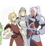  3girls armor blonde_hair citrinne_(fire_emblem) closed_eyes fire_emblem fire_emblem_engage full_armor grey_hair high_ponytail jade_(fire_emblem) multiple_girls open_mouth saphir_(fire_emblem) uh_ahk yellow_eyes 