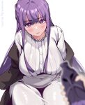  black_coat blunt_bangs blush breasts closed_mouth coat collar commentary dress fern_(sousou_no_frieren) frilled_collar frills highres impossible_clothes impossible_dress large_breasts lloid_(lloidy) long_hair looking_at_viewer purple_eyes purple_hair purple_pupils shiny_clothes sidelocks skin_tight solo solo_focus sousou_no_frieren straight_hair thick_thighs thighs white_dress 