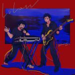 2boys arm_tattoo bass_guitar black_hair black_pants black_shirt closed_mouth commentary_request demorzel earrings facial_hair full_body goatee hand_tattoo highres holding holding_microphone instrument jewelry keyboard_(instrument) looking_at_viewer male_focus microphone monkey_d._luffy multiple_boys music one_piece open_mouth pants playing_bass scar scar_on_face shirt shoes short_hair singing tattoo trafalgar_law yellow_eyes 