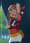 1girl arm_up armpits bandana bike_shorts bike_shorts_under_shorts blue_eyes blurry blurry_background blush breasts brown_hair clothes_grab commentary embarrassed eyelashes fanny_pack gloves hair_between_eyes highres looking_at_viewer may_(pokemon) medium_breasts miraa_(chikurin) nervous_smile open_mouth outdoors pokemon presenting_armpit red_bandana red_shirt shirt short_sleeves shorts sidelocks sleeve_grab smile solo steam steaming_body sweat sweat_stain tent tree 