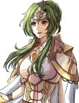  1girl armor breastplate brown_eyes commentary_request elincia_ridell_crimea eyelashes fire_emblem fire_emblem:_radiant_dawn gem green_gemstone green_hair highres long_hair open_mouth parted_lips shidanna1227 shoulder_armor simple_background smile solo tiara upper_body white_background 
