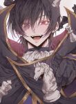  1boy absurdres black_cape black_gloves cape chess_piece code_geass gloves grey_background heterochromia highres lelouch_vi_britannia looking_at_viewer male_focus mino_iii open_mouth pointing pointing_at_viewer purple_eyes purple_shirt red_eyes shirt smile solo 