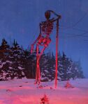  absurdres arm_support commentary english_commentary giant giant_skeleton glowing glowing_eyes highres jocelin_carmes leaning no_humans original outdoors pine_tree red_eyes skeleton snow snowing solid_eyes solo standing tangled tree utility_pole 
