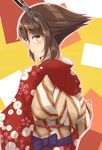  alternate_costume bangs blush brown_hair eyebrows_visible_through_hair floral_print green_eyes headgear japanese_clothes kantai_collection kimono lips long_sleeves looking_at_viewer looking_to_the_side monoku multicolored multicolored_background mutsu_(kantai_collection) obi pink_outline red_kimono sash short_hair smile solo wide_sleeves 