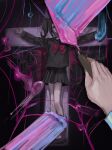  2girls ame-chan_(needy_girl_overdose) black_hair black_serafuku black_shirt black_skirt blood blood_splatter bow chouzetsusaikawa_tenshi-chan cross crucifixion dual_persona full_body highres holding long_hair multiple_girls needy_girl_overdose out_of_frame outstretched_arms paint paint_splatter painting_(action) palette_knife pleated_skirt red_bow sanmanako school_uniform serafuku shirt silk skirt spider_web spread_arms twintails 