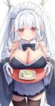  1girl apron azur_lane black_bow black_bowtie bow bowtie breast_rest breasts cleavage cowboy_shot detached_collar detached_sleeves dragon_girl dragon_horns facing_viewer food gloves hair_on_horn highres holding holding_tray horns japanese_clothes large_breasts long_hair looking_at_viewer maid mochi off_shoulder official_alternate_costume satsuki_yukimi shimanto_(azur_lane) shimanto_(the_comfy_dragon_god)_(azur_lane) traditional_bowtie tray wa_maid waist_apron white_apron white_background white_gloves white_hair 
