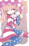  american_flag american_flag_dress american_flag_legwear american_flag_shirt blonde_hair clownpiece commentary_request d; dress fairy fairy_wings frilled_shirt_collar frills hat highres jester_cap long_hair long_sleeves nagi_(nagito) neck_ruff one_eye_closed open_mouth pantyhose pink_eyes polka_dot print_legwear solo star star_print striped striped_legwear touhou translation_request very_long_hair wings 