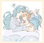  2boys blonde_hair blue_hair blue_pajamas border eichi_turnr ensemble_stars! heart hibiki_wataru highres long_hair long_sleeves male_focus multicolored_background multiple_boys pajamas short_hair simple_background sleeping speech_bubble spoken_heart spoken_zzz star_(symbol) tenshouin_eichi under_covers yaoi yellow_background yellow_border yellow_pajamas zzz 