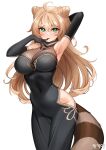  1girl ahoge arm_up armpits black_dress black_gloves blonde_hair commentary cone_hair_bun covered_navel cowboy_shot dopamine70 dress elbow_gloves gloves green_eyes groin hair_bun hand_up highres hip_vent long_hair looking_at_viewer original parted_lips raccoon_tail simple_background sleeveless sleeveless_dress smile solo standing tail very_long_hair white_background 
