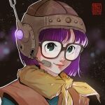  1girl blunt_bangs blunt_ends bob_cut chrono_trigger closed_mouth dated fumezu1 glasses green_shirt grey_eyes headset helmet highres lucca_ashtear neckerchief orange_tunic portrait purple_hair redrawn shirt short_hair signature smile solo yellow_neckerchief 