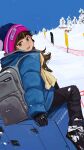  1girl backpack bag black_bag black_gloves black_pants blue_jacket blue_sky brown_eyes casual clear_sky day down_jacket gloves highres ira_(servachok) jacket looking_at_viewer pants russia russian_text scenery servachok sky snow tagme tree 