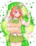  1girl blue_eyes blush breasts bug closed_mouth clover collared_shirt commentary cowboy_shot eyebrows_hidden_by_hair four-leaf_clover go-toubun_no_hanayome grass green_ribbon green_skirt hair_between_eyes hair_ribbon hand_on_own_stomach hand_up highres ladybug large_breasts looking_at_animal looking_to_the_side lying miniskirt mojyu_saico nakano_yotsuba on_back on_grass orange_hair pleated_skirt ribbon school_uniform shirt short_hair short_sleeves simple_background skirt smile solo split_mouth sweater_vest white_background white_shirt yellow_sweater_vest 
