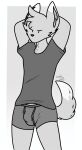 2024 absurd_res adam&#039;s_apple anthro black_nose bulge clothed clothing digital_drawing_(artwork) digital_media_(artwork) fan_character fur generation_5_pokemon grey_body grey_fur hands_behind_head hi_res jspwnco looking_at_viewer male mammal minccino monochrome nintendo pokemon pokemon_(species) shirt signature simple_background sissel_(jspwnco) solo tail tongue tongue_out topwear underwear