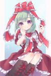  1girl dress frilled_dress frilled_ribbon frills front_ponytail green_hair highres kagiyama_hina looking_at_viewer nemuiryousuke puffy_short_sleeves puffy_sleeves purple_eyes red_dress ribbon short_sleeves smile solo touhou 