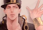  black_hair chain dio_brando earrings face gakuran green_eyes hand_on_wall hat highres jewelry jojo_no_kimyou_na_bouken kuujou_joutarou looking_to_the_side male_focus mons181 multiple_boys neck out_of_frame pov pov_hands school_uniform solo_focus stardust_crusaders stud_earrings wall wall_slam wrist_cuffs 