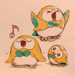  &gt;o&lt; arms_up bird bow bowtie bright_pupils commentary_request full_body head_tilt highres ikuchi_osutega motion_lines multiple_views music musical_note owl pokemon pokemon_(creature) rowlet shouting singing solo traditional_media walking white_pupils 