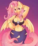  4_fingers armpits bat_wings breasts clothing equine female fishnet flutterbat_(mlp) fluttershy_(mlp) friendship_is_magic hair hand_on_hip jeans mammal membranous_wings my_little_pony navel pants pegasus piercing pink_hair raikissu red_eyes skull thick_thighs torn_clothing torn_jeans torn_pants vampire wide_hips wings 