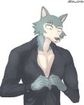 anthro beastars buttoning_shirt canid canine canis clothing diko_artz dress_shirt hi_res legoshi_(beastars) looking_down male mammal muscular muscular_male pecs shirt solo topwear wolf