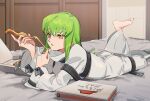  1girl barefoot c.c. cheese_trail code_geass commentary_request dated_commentary food full_body grey_hair holding holding_food holding_pizza indoors long_hair looking_at_viewer lying mayuakakun on_bed on_stomach open_mouth pizza pizza_box pizza_hut pizza_slice sketch solo straitjacket the_pose yellow_eyes 