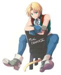  1boy blonde_hair blue_pants blue_wrist_cuffs boots bow bowtie commentary copyright_name dress_shirt final_fantasy final_fantasy_ix frilled_shirt frills full_body gloves green_bow green_bowtie green_eyes green_ribbon green_vest grey_footwear grey_gloves highres leather_belt male_focus medium_hair monkey_tail on_chair pants retrometro ribbon shirt shoulder_belt sitting sitting_backwards sleeveless sleeveless_shirt smile solo tail vest white_shirt wrist_cuffs zidane_tribal 