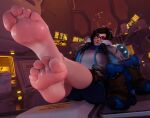  1girl 3d absurdres bare_legs barefoot blender_(medium) coat drone feet foot_focus full_body fur_coat glasses highres legs legs_up looking_at_viewer lying mei_(overwatch) no_shoes overwatch overwatch_2 parka sitting soles solo syclops toes 