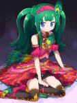  1girl bare_shoulders between_legs black_thighhighs blue_eyes blunt_bangs blunt_ends closed_mouth dress full_body green_hair hairband hand_between_legs highres idol_clothes ikzw long_hair looking_at_viewer peacock_feathers pretty_series pripara red_dress red_hairband sitting solo thighhighs tsukikawa_chili two_side_up 