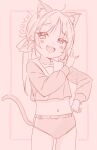  animal_ear_fluff animal_ears arm_up blush buruma cat_ears cat_girl cat_tail gym_uniform hand_on_own_hip highres jigatei_(omijin) long_hair looking_at_viewer midriff monochrome navel open_mouth original ribbon school_uniform serafuku shirt sketch smile stomach tail thighs twintails 