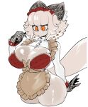 anthro big_breasts blush blush_lines breasts catmaid_(cibastion) cibastion cleavage clothed clothing domestic_cat felid feline felis female fur hair hi_res huge_breasts huge_thighs mammal orange_eyes simple_background solo standing thick_thighs white_body white_fur white_hair wide_hips