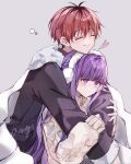  1boy 1girl absurdres artist_name black_hair black_jacket blanket blush closed_eyes commentary earmuffs english_commentary fern_(sousou_no_frieren) frieren grey_background heart hetero highres hug hug_from_behind jacket long_hair multicolored_hair nagihaha purple_eyes purple_hair red_hair short_hair sidelocks signature simple_background smile sousou_no_frieren stark_(sousou_no_frieren) sweater two-tone_hair upper_body white_sweater 