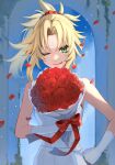  1girl blonde_hair bouquet bow clenched_hand dress fate_(series) flower gloves green_eyes hand_on_own_hip highres holding holding_bouquet light_particles looking_at_viewer mord_roku0131 mordred_(fate) one_eye_closed petals ponytail red_bow red_flower red_rose rose smile solo upper_body white_dress white_gloves 