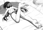  ass back barefoot beach beach_towel bikini breasts feet feet_up from_behind full_body greyscale long_hair long_riders! looking_back lotion lotion_bottle lying medium_breasts miyake_taishi monochrome niigaki_aoi official_art on_back on_stomach original soles solo sweat swimsuit toes topless towel 