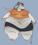 american_opossum anthro belly_overhang bottomwear cane clothing crustypelican3 eyewear female glasses hi_res huge_belly huge_hips huge_thighs mags_(derpoomer) mammal marsupial morbidly_obese morbidly_obese_female obese obese_female overweight overweight_female shorts solo thick_thighs tight_clothing virginia_opossum wide_hips