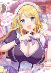  1girl abi_(abimel10) ahoge alternate_hairstyle bandaid blonde_hair blue_eyes blue_ribbon blue_wristband blurry blurry_background blush bow bowtie breasts cake candy cleavage cleavage_cutout clothing_cutout corset dot_nose doughnut dress dress_bow food fruit hachimiya_meguru hair_bow hair_ribbon hands_up heart heart_cutout heart_hands highres idolmaster idolmaster_shiny_colors indoors large_breasts long_hair looking_at_viewer maid_cafe maid_headdress open_mouth polka_dot polka_dot_bowtie polka_dot_ribbon purple_bow purple_bowtie purple_dress purple_ribbon purple_wristband ribbon short_sleeves smile solo speech_bubble strawberry stuffed_animal stuffed_toy table teddy_bear underbust upper_body white_corset white_headdress window 