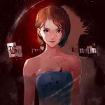  1girl bare_shoulders blood blood_on_chest blood_on_clothes blood_on_face blue_eyes blue_shirt bob_cut breasts brown_hair cleavage closed_mouth collarbone dated fumezu1 highres jill_valentine looking_at_viewer medium_breasts parted_bangs portrait resident_evil resident_evil_3:_nemesis shirt short_hair signature smile solo strapless strapless_shirt tube_top upper_body 
