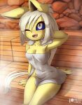 anthro biped blush breasts eeveelution eyelashes female fur generation_1_pokemon hair hi_res jolteon nintendo one_eye_closed open_mouth pokemon pokemon_(species) pupils rilex_lenov sauna sitting towel towel_only yellow_body yellow_fur